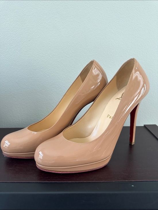 Christian Louboutin Shoes - Christian Louboutin Nude Patent Platform Pumps with Red Soles